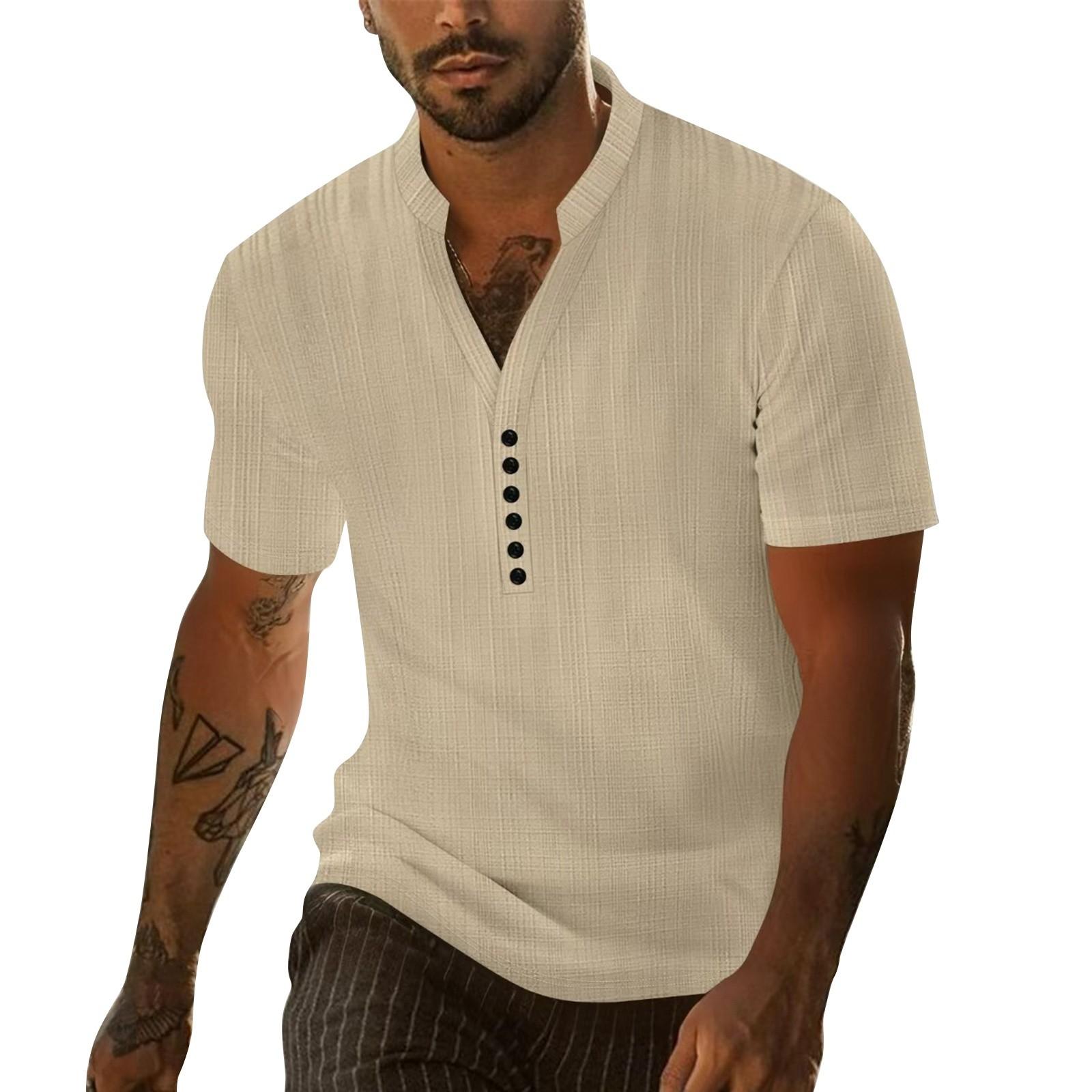 

Мужской летний однотонный ретро-футляр из искусственного льна с воротником на пуговицах и короткими рукавами M хаки