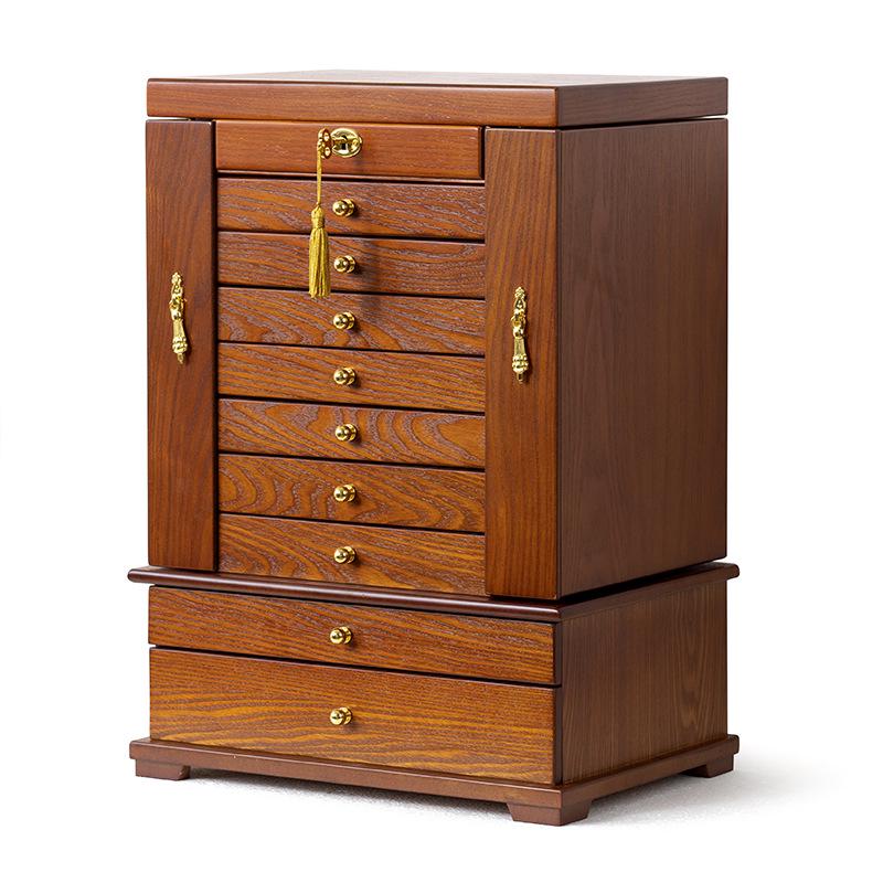 Caja de Joyería Grande de Madera Maciza Estilo Retro con Cerradura, Almacenamiento Multicapa para Collares, Pendientes y Anillos - Estilo Tendencia Nacional China