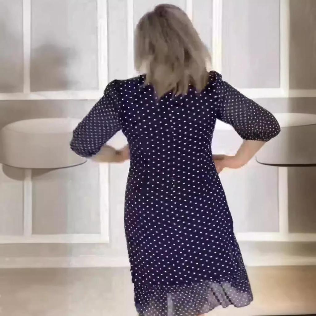 2025 Summer European & American Polka Dot Mid-Length Mini Dress for Women - Round Neck, Short Sleeve