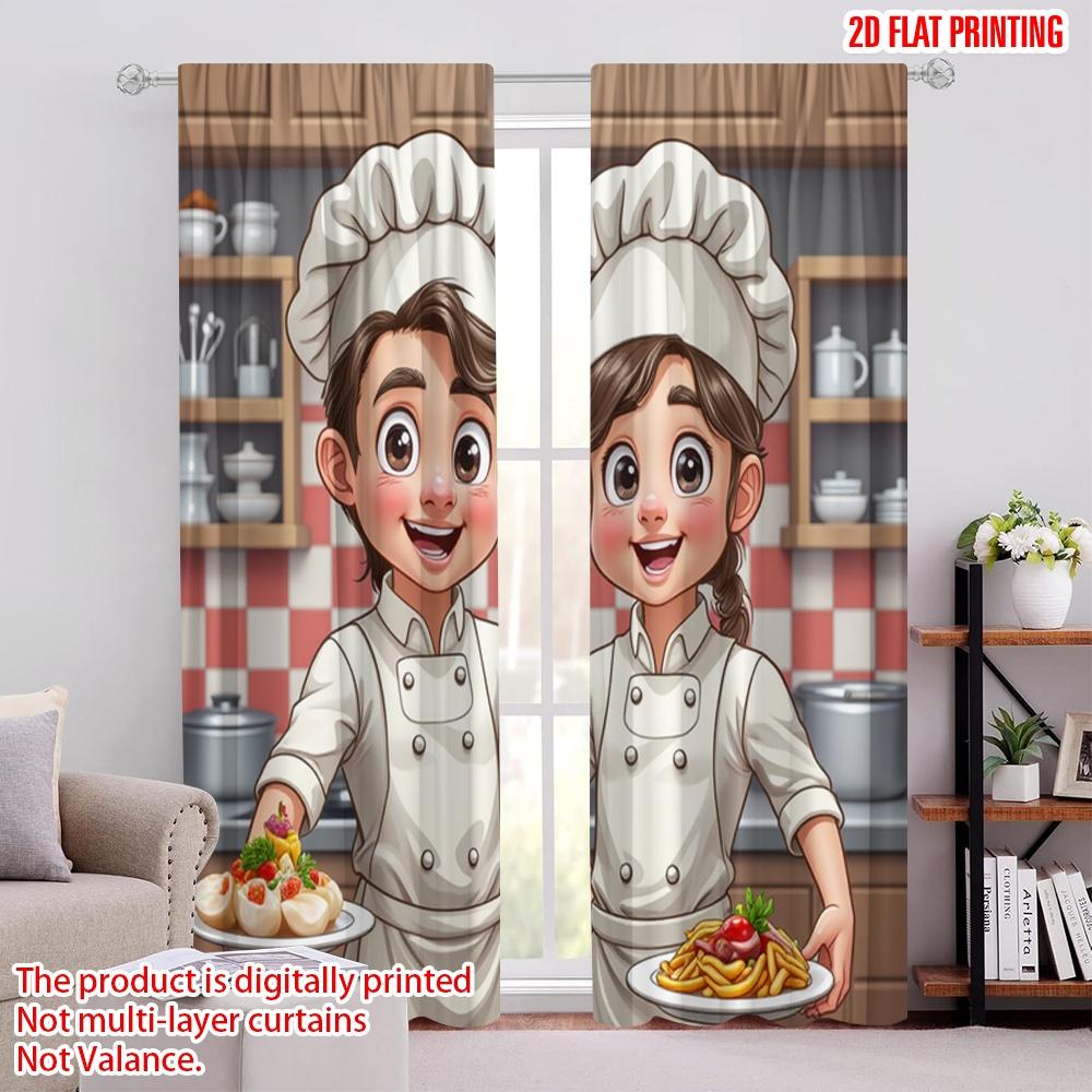 

Set Of 2 Farmhouse Flat Printing Christmas Window Curtains Vintage Fat Chef Kitchen Polyester Fabric Without Electricity Curtain Perfect For W100*H70(CM)-Rod Pocket&2PCS