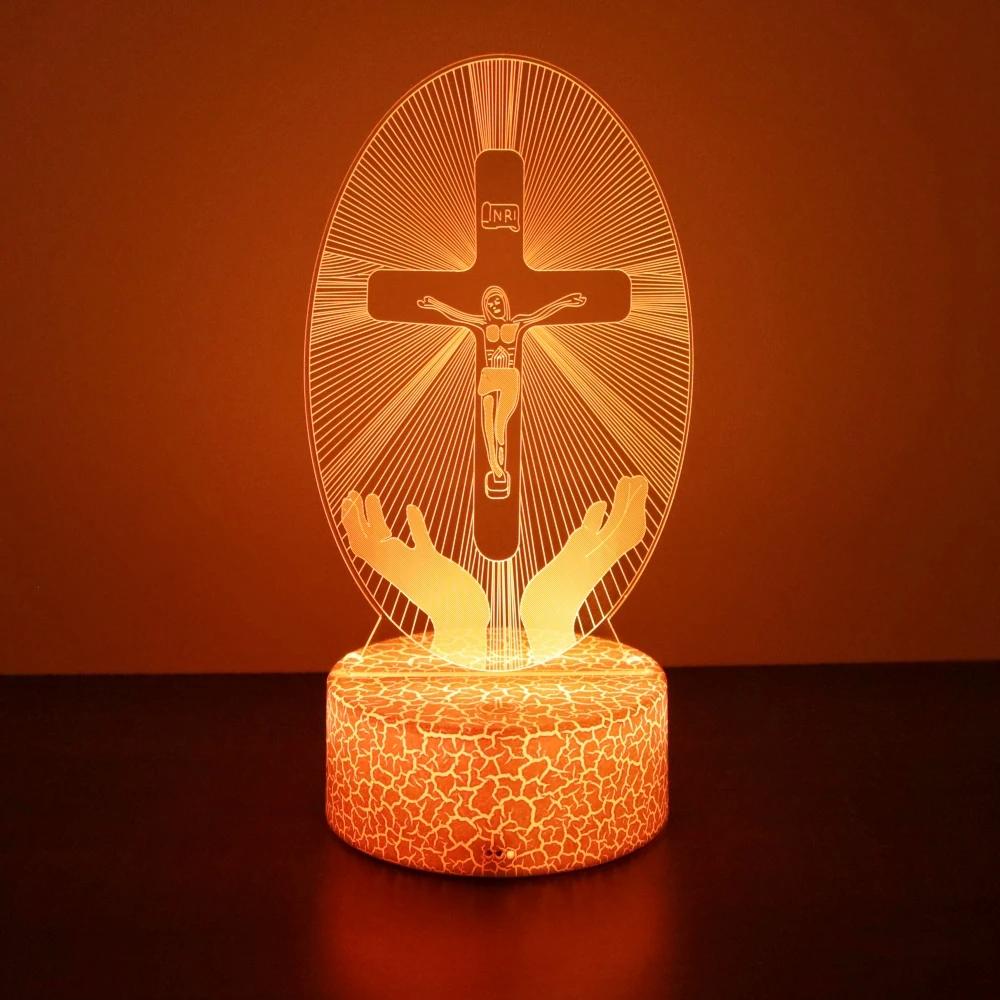 Jesus Cross 3D Lamp Friends Xmas Easter LED Night Light Crucifix Optical Illusion Nightlight Desk Table Lamps Room Decor Gifts