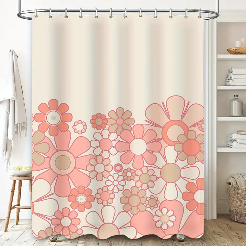 Vintage-Style Flower Shower Curtain With Warm Pink Blooms For Bathroom Decor – Waterproof Fabric, Adjustable Ring Holder Set Inc