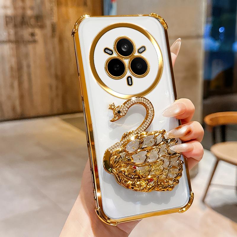 KEYSION Shockproof Plating Phone Case for Realme 14 Pro 5G Clear TPU Glitter Jewelled Swan Kickstand Back Cover for OPPO Realme 14 Pro+ 5G
