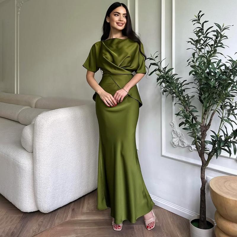 Europe, America, Amazon Cross-border Women's Clothing New Solid Color Short-sleeved Crew Neck Top, Hip-wrapped Long Skirt Casual Suit