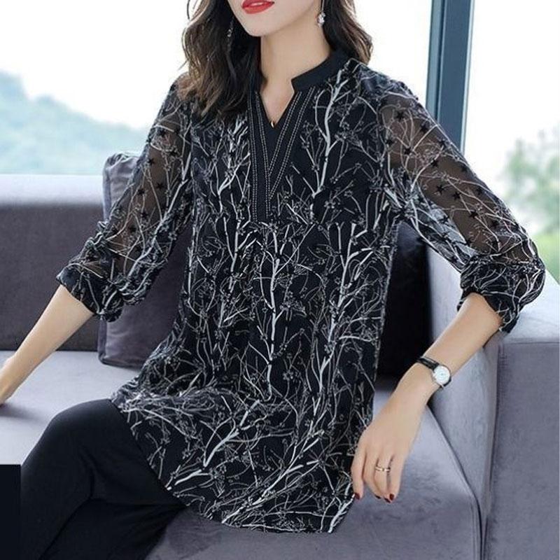 Women's Fashion Spliced Shirt Vintage Floral Printed Star Spring Autumn Casual V-Neck Long Sleeve Commute Loose Blouse