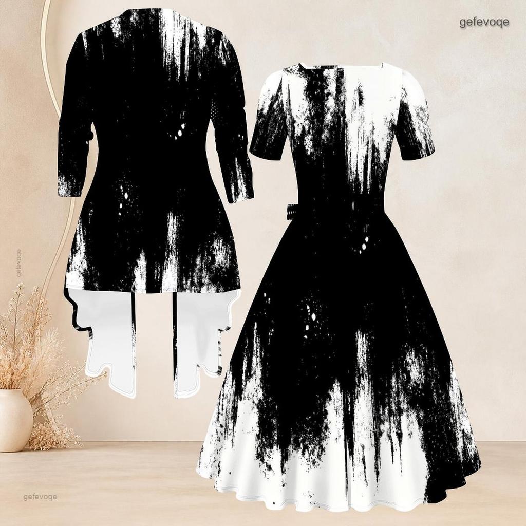Women Plus Size Red Black Printed Two Piece Set Square Neck Tie Waist Flared Dress And 3 4 Sleeve Cardigan