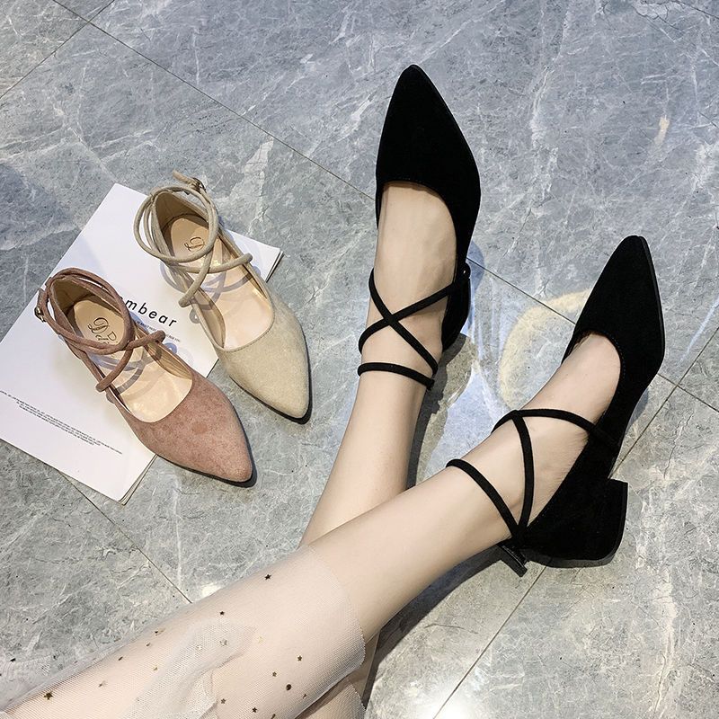 Black pointed single shoes women's spring 2025 new versatile straps light mouth low heel gentle fairy style evening shoes