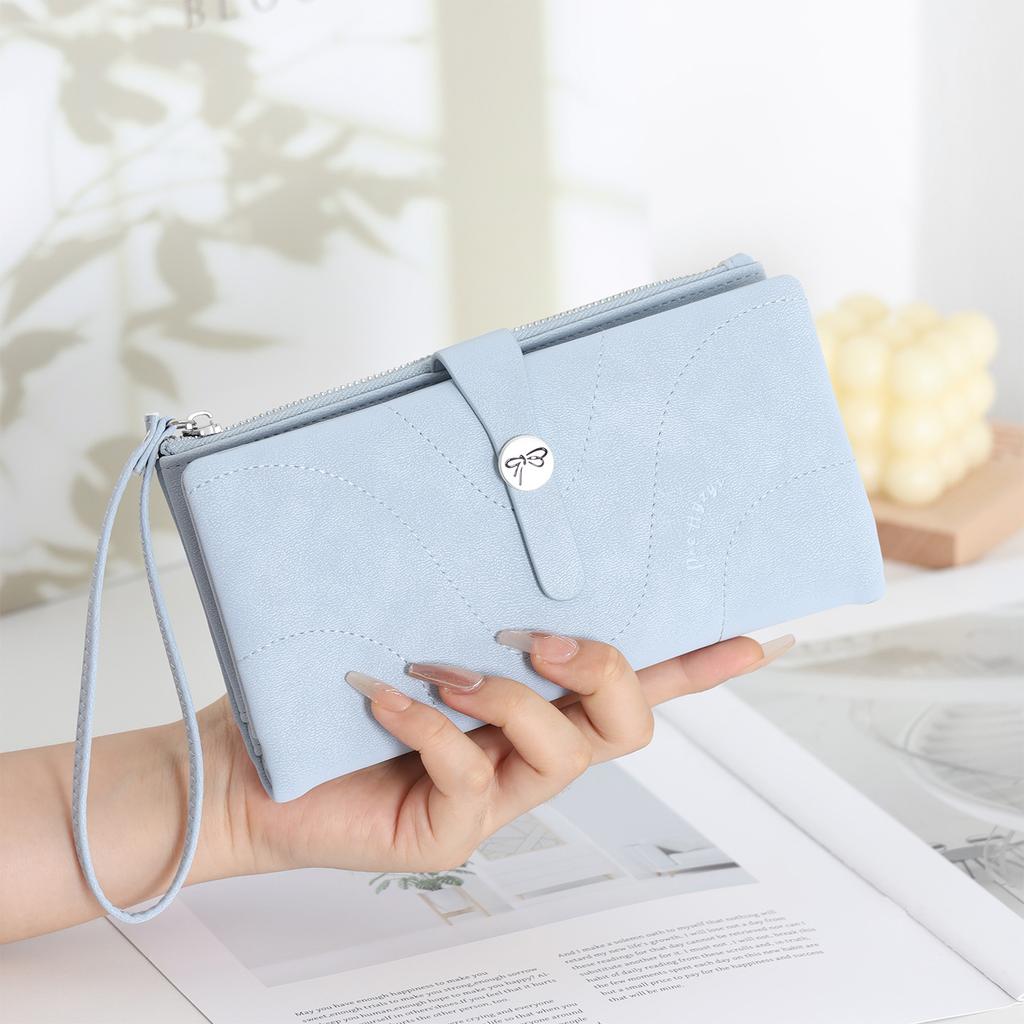 New women's long wallet, two fold, simple buckle solid color multi card handheld phone bag, zipper portable