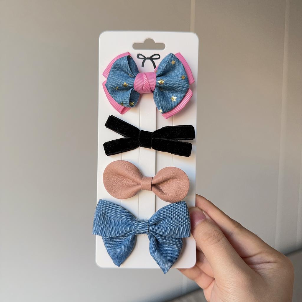 4Pcs/set Solid Flowers Print Bowknot Hair Bow Clips Baby Girls Lace Cotton Linen Barrettes Safety Hairpins Headwear Accessories