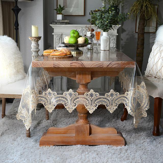 

ПВХ Защитный чехол для стола Прозрачный водонепроницаемый прямоугольный обеденный кофейный стол скатерти для дня рождения вечеринки Декор с кружевом 145x190cm