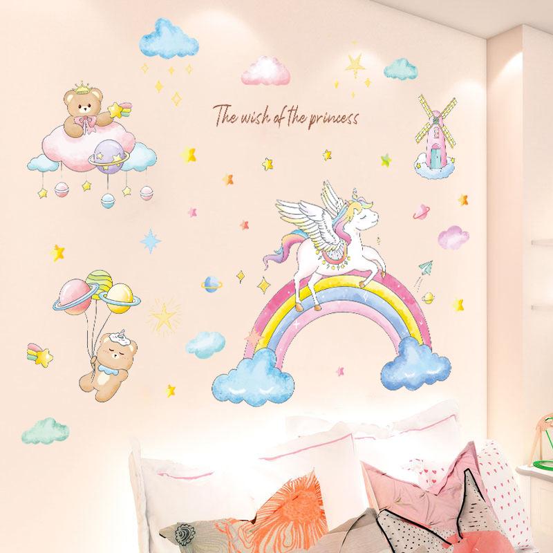 Unicorn Wall Stickers for Girls Room Decor, Rainbow Princess Cartoon Wall Decals, Cute Fantasy Nursery Bedroom Wall Art for Kids Room Decorations