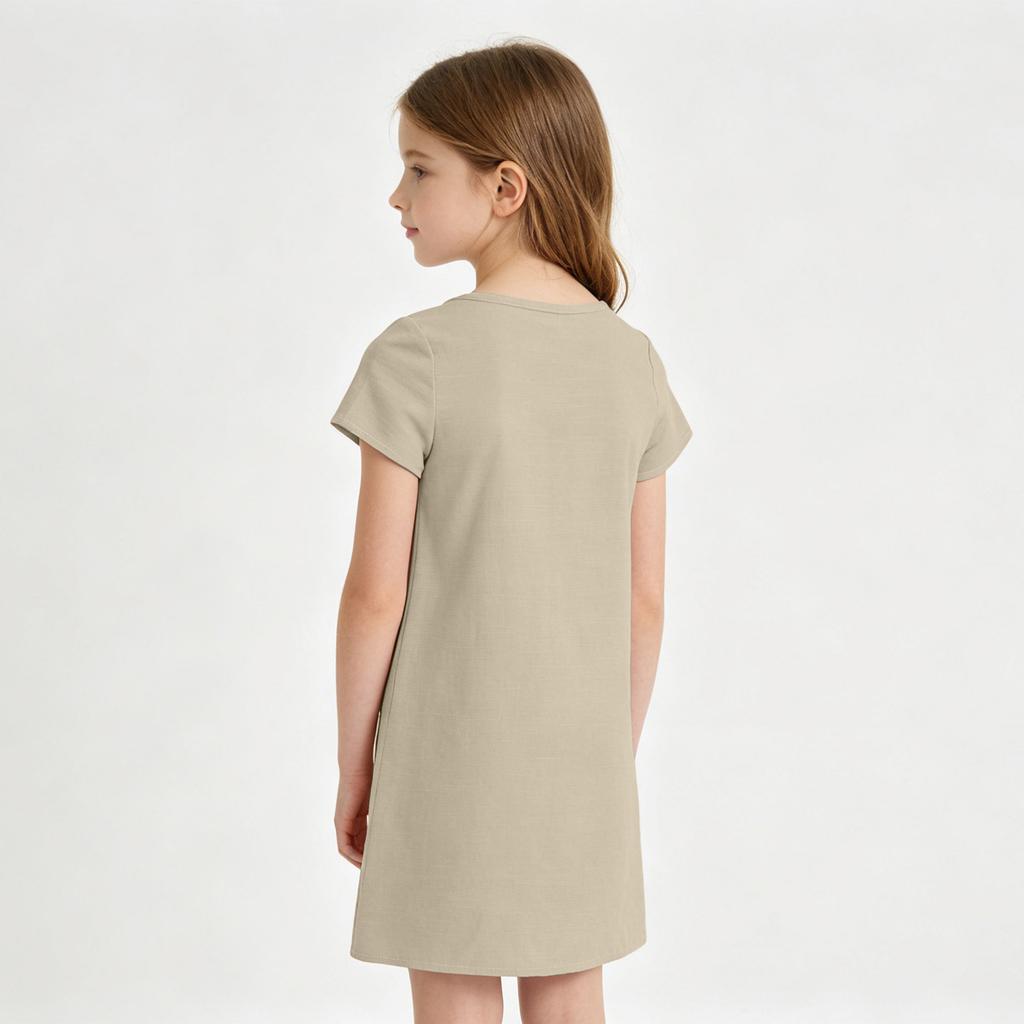 Girls Casual Dress Summer Linen Cotton Blend Short Sleeve Pockets Straight Cut Comfortable Lightweight Dress for Everyday Wear
