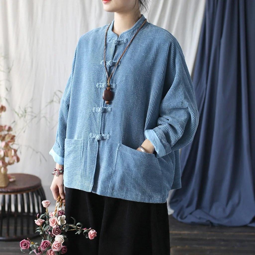 Johnature Dámské Vintage Stojáčkové Bundy Stojáčkové Dlouhý Rukáv Podzimní Kabáty Knoflík Jednobarevné Patchwork Kapsy Bundy