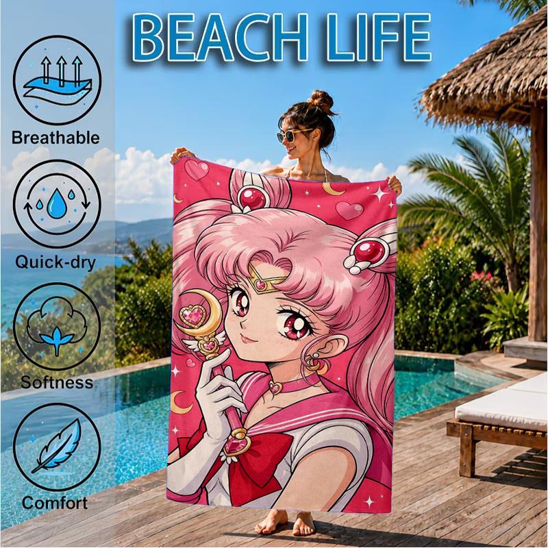 Pink Moon Puella Magi Beach Towel, Super Soft Microfiber, Perfect Gift for Her/Him, Birthday, for Pool, Beach, Travel, Decor Beach Party