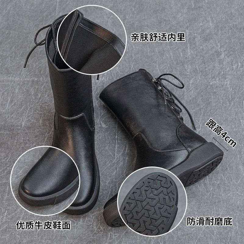 Vielseitige Retro-Herbst- und Winter-Leder-Martin-Stiefel Damen Braun Dicke Ferse Plateau Ritterstiefel Samt Warm Damenstiefel