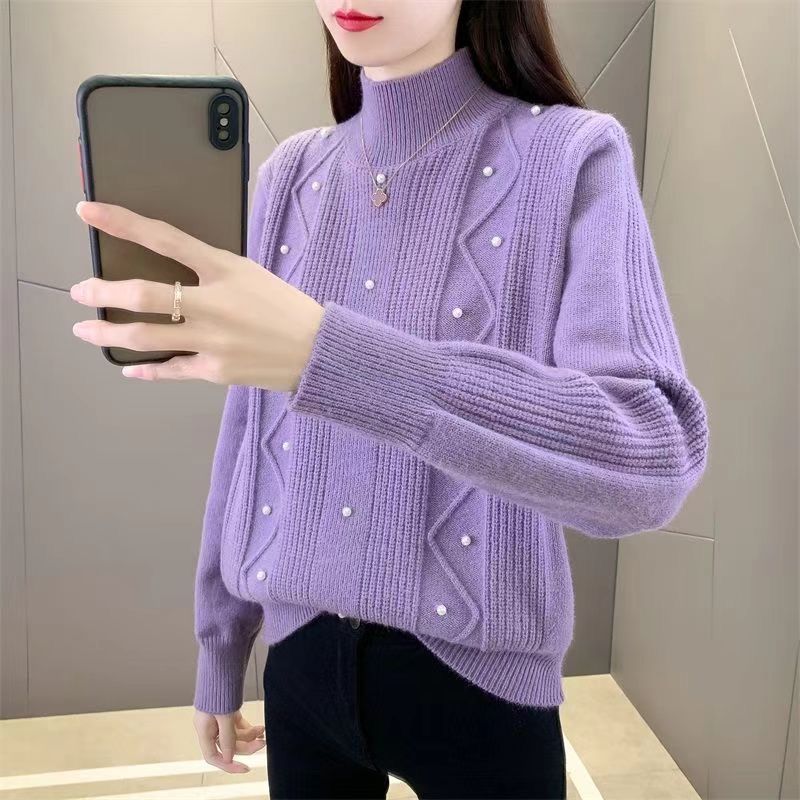 

Осенне-зимний женский свитер с длинными рукавами, свободный и универсальный, с полувысоким воротом, вязаный свитер сверху L