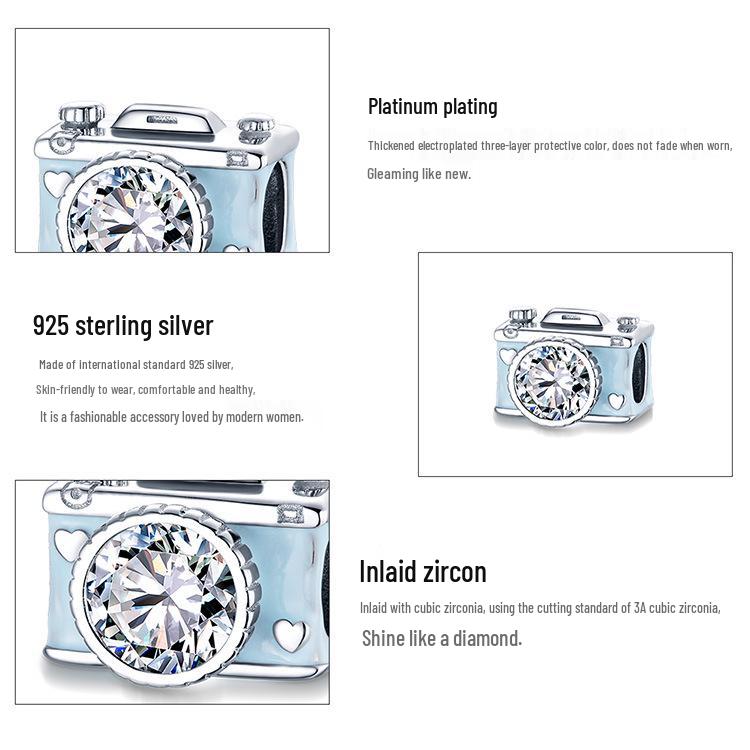 Avle S925 Sterling Silver Shiny Camera Beads DIY Bracelet Jewelry Accessories