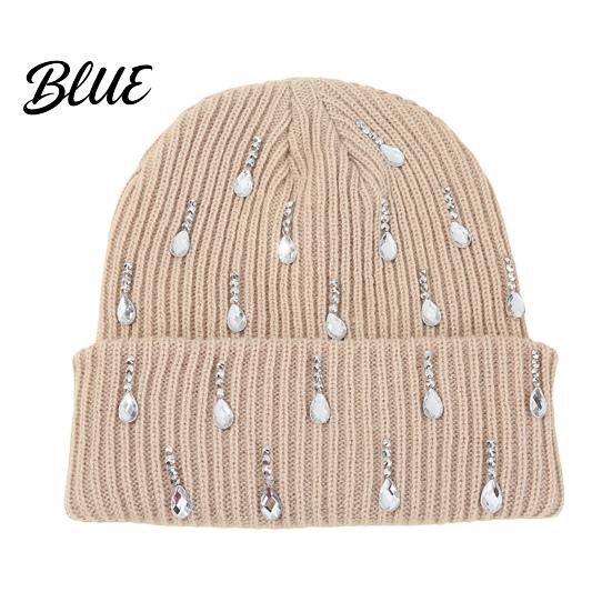 Holiday Gift for Women Waterdrop Rhinestone Knit Hat, Bling Stretchy Winter Cuffed Knitted Stylish Hat Skull Cap Men Cold Weather Daily Wear