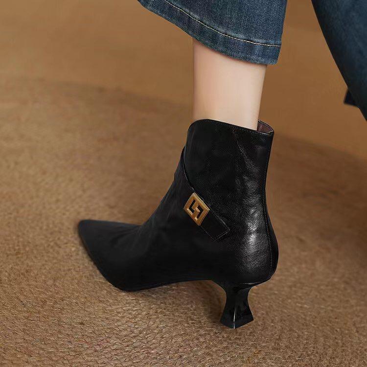 Pointed Toe Ankle Boots Women High Heels Snow Shoes Brand Chelsea 2024 Trend Autumn Woman Dress Pumps Leather Goth Botas Mujer