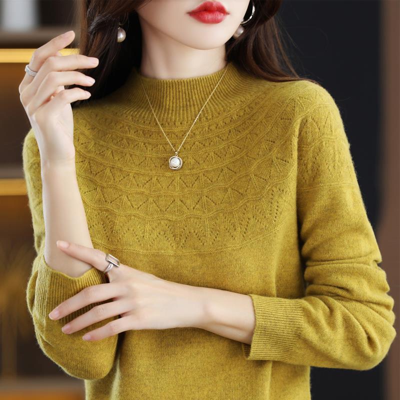 Women's Slimming 100% Wool Half-High Neck Sweater, Seamless Cashmere Knit Base Layer, Autumn Winter Loose Top with Hollow-Out Design