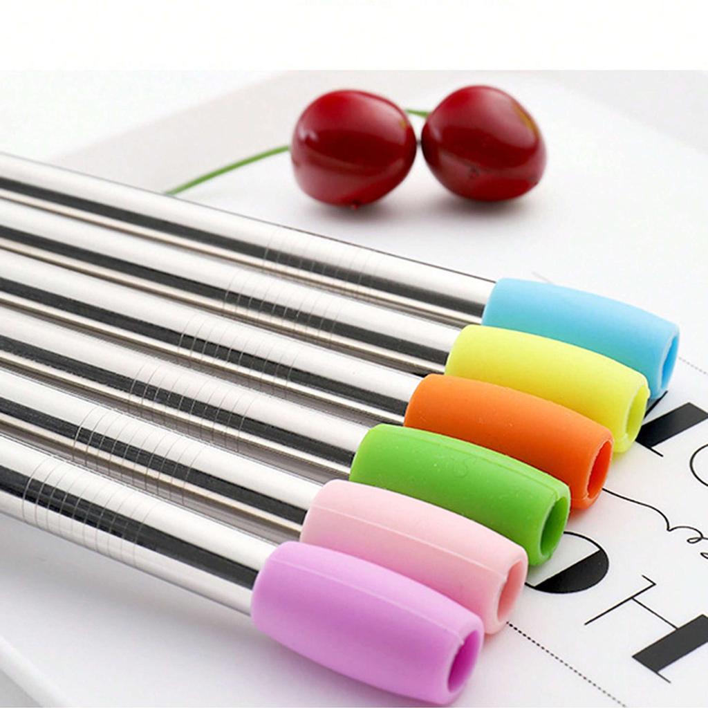 7pcs, Straw, Stainless Steel Reusable Straws With Silicone Straw Tip,Tea Straws, Travel, Beach, Party Supplies