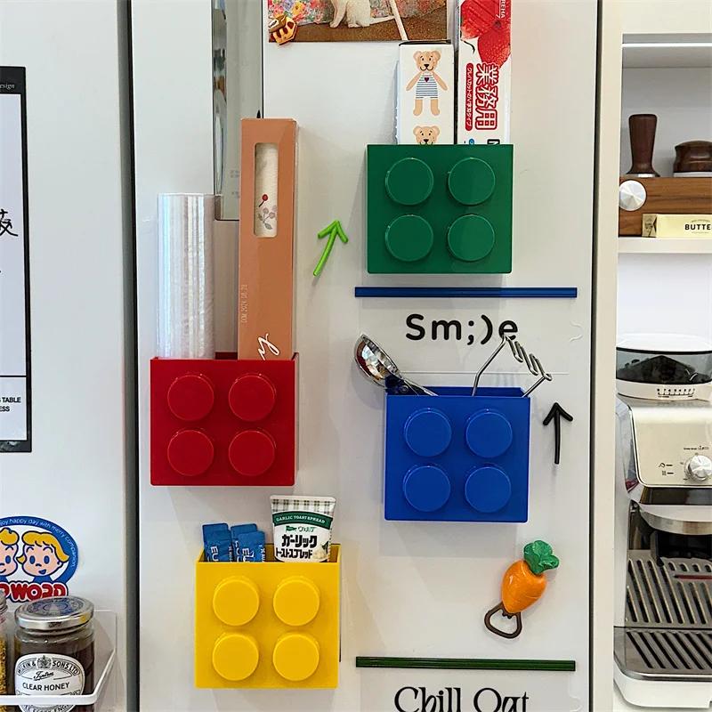 Building Blocks Refrigerator Magnetic Absorption Box Plastic Wrap & Straws Holder Fridge Side Storage Organizer Home Decor