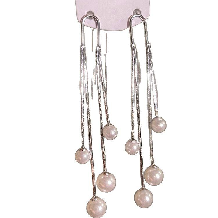 Face-showing thin pearl fringed long earrings, silver fringed pearl temperament versatile earrings