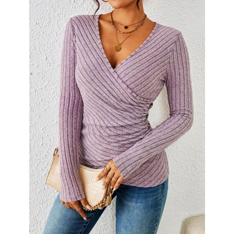 Camisetas casuales de manga larga para mujer con cuello en V y color sólido para primavera y otoño