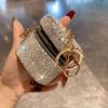 Genuine Leather Mini Pouch with Rhinestones Detachable Chain for Bag Charm Keychain Portable Earphone Case Lipstick Holder