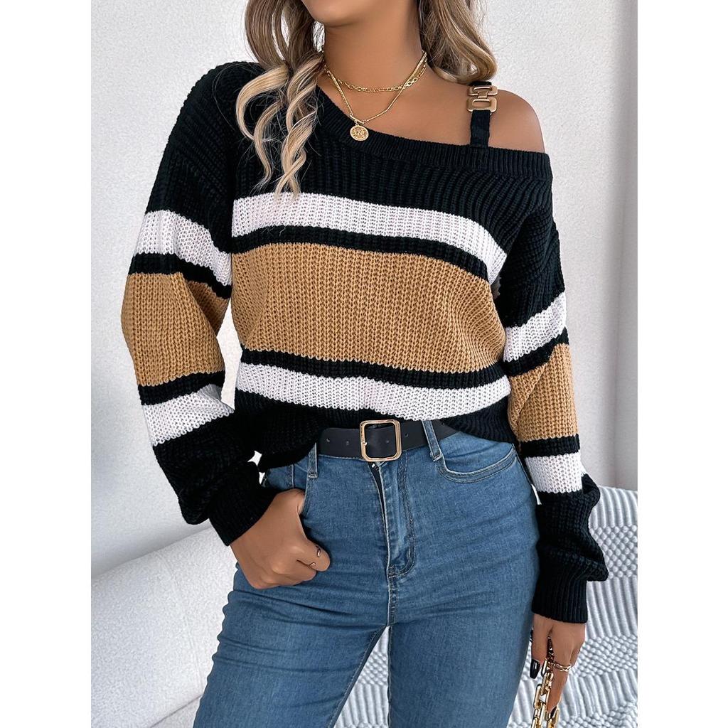 Casual Color Block Autumn Winter Striped Lantern Sleeve Cold Shoulder Metal Buckle Women's Fashion Pullover Sweater