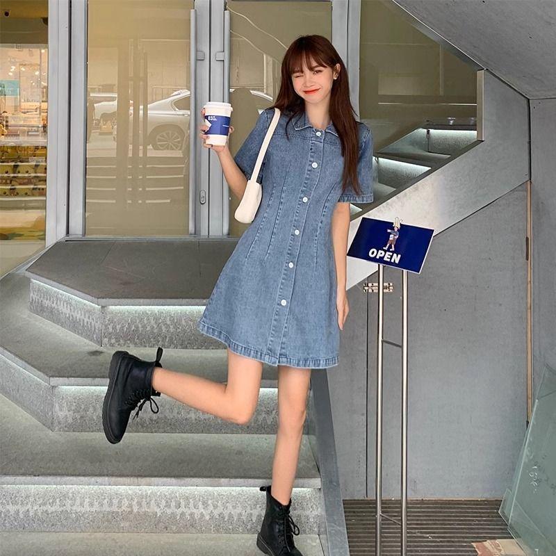 Women's Summer Plus Size Tummy-Control Denim Suspender Dress - Petite Fit with Age-Reducing Design