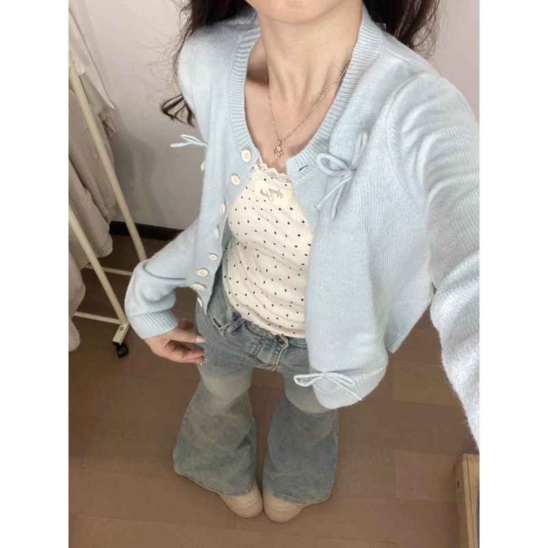 

Сладкая Девочка Мягкий Клейкий Синий Свитер Верхняя Одежда Вязаный Кардиган Blue S [Suggested 37.50 kg-45.00 kg]]