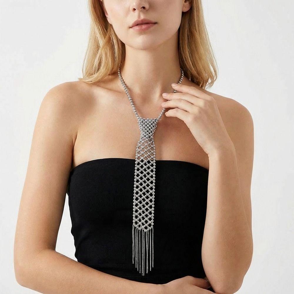 Minimalist Pearl Tie Woven Beads Necktie Long Necklace Tassel Necklace  Women