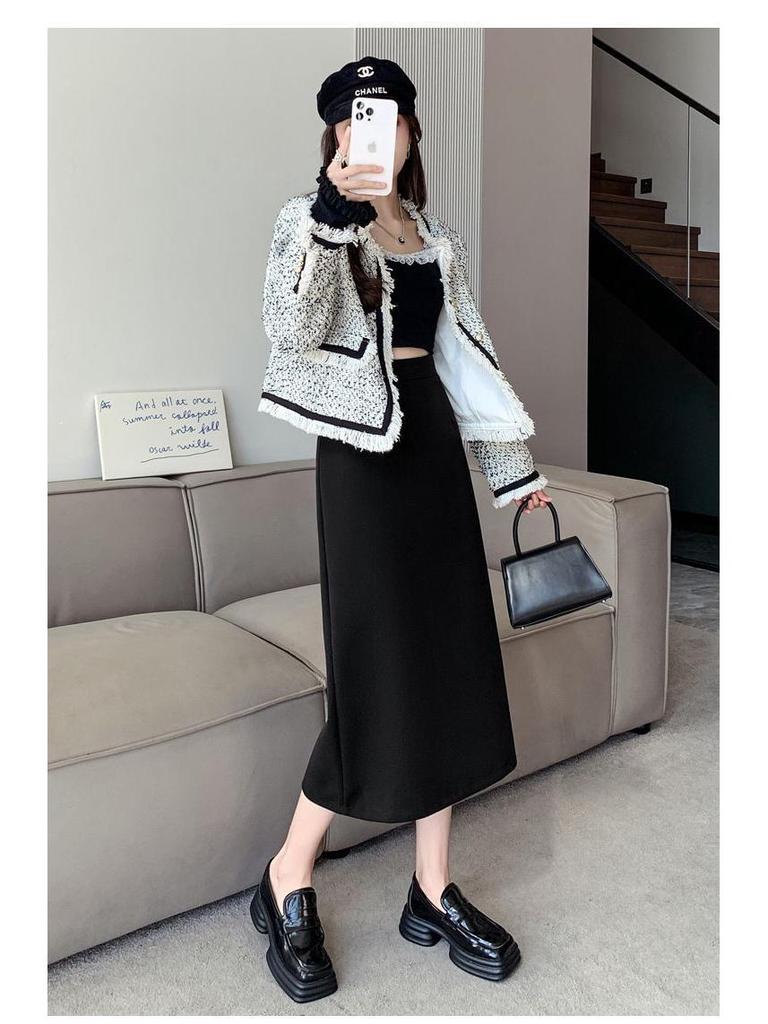 Women's 2025 Autumn Wool High-Waisted Mid-Length Pencil Skirt with Slit