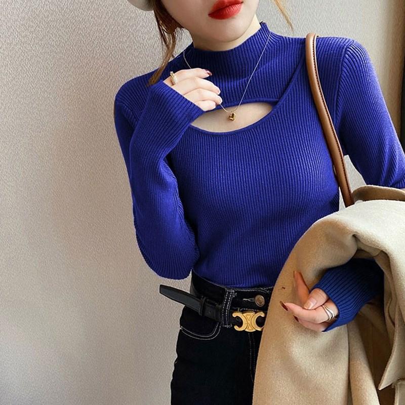 Herbst und Winter neuer halbhoher Pullover für Damen, lässig, hohle Nische, verdicktes Innenhemd