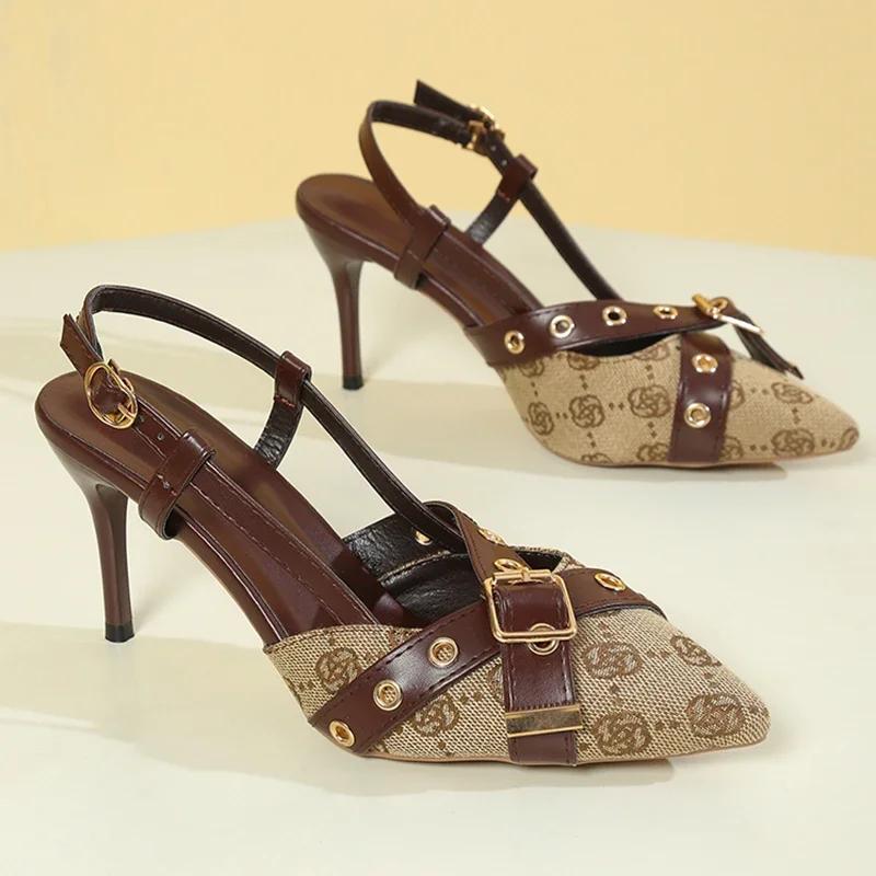 Fashion Zoki Belt Buckle Pointed Toe Sandals Women Fashion Flower Embroidered High Heels Snadals Woman Stiletto Heel Party Dress Shoes