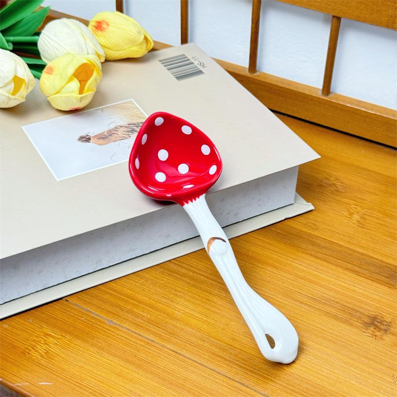 Cute Mushroom Ceramic Spoon, Tableware Dessert Spoon, Long Handle Spoon, Creative High-value Household Small Spoon, Yogurt Spoon
