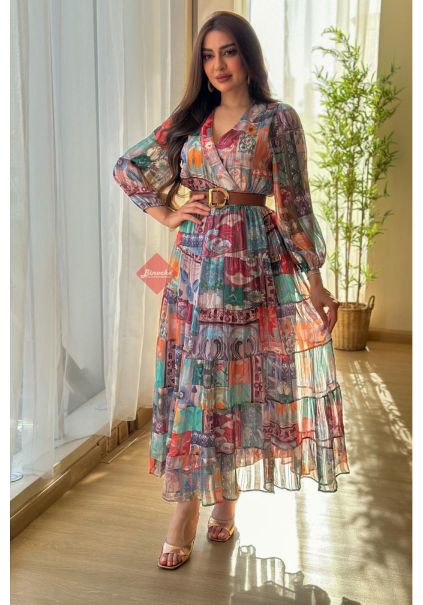 

2024 Spring/Summer Women s Sexy Chiffon Print Ball Gown Evening Dress with Belt Extra Large цветочные печати