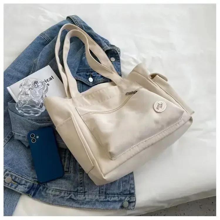 

Fashion Shoulder Bag Large Capacity Student Tote Bag Canvas Commuter Handbag Shoulder Bags Casual and Simple Style білий