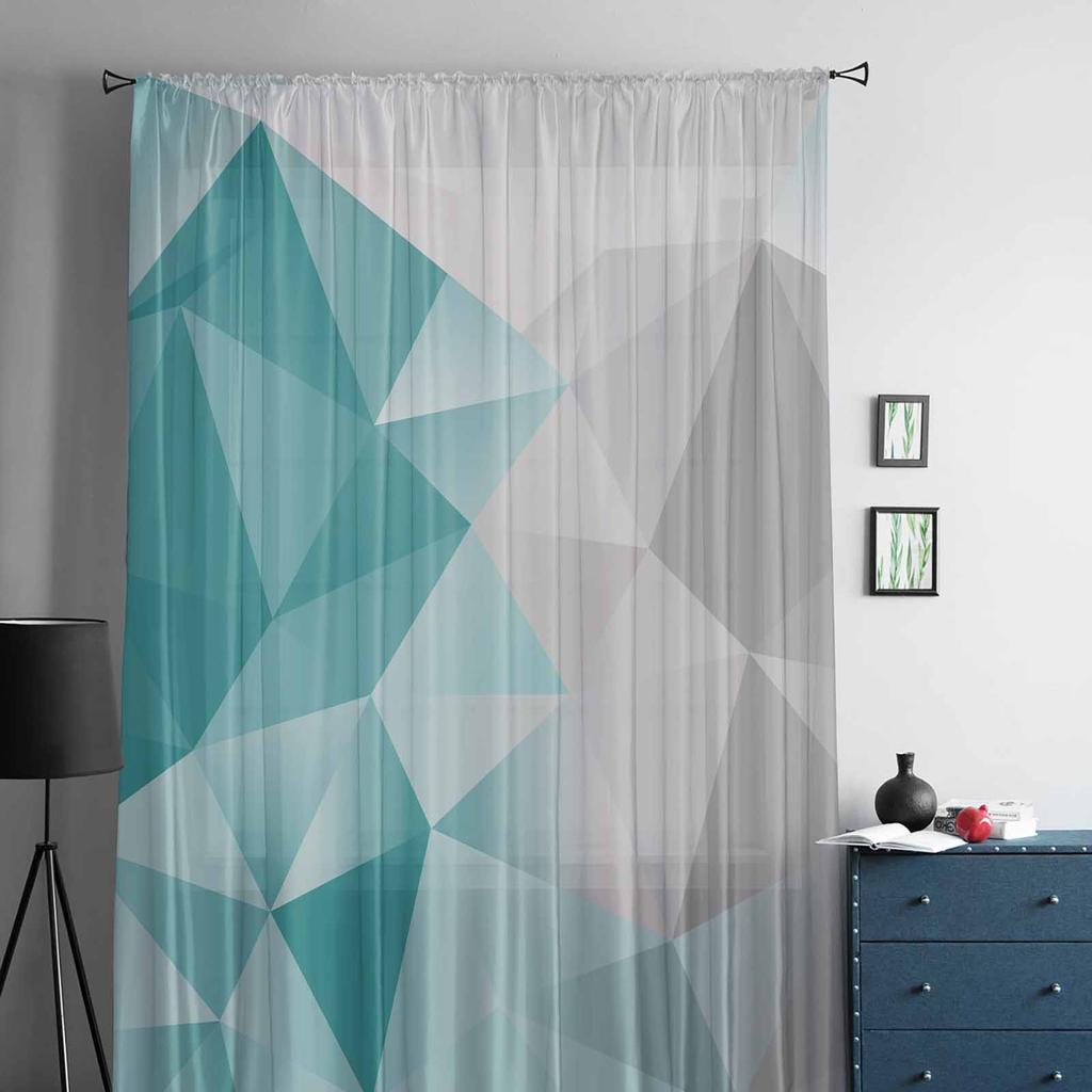 Abstract Gradient Blue-Green Gray Triangle Window Tulle Curtains for Living Room Bedroom Hotel Luxury Decoration Sheer Curtains