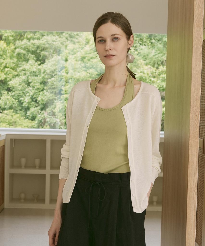 VLETI Linen Blend Raglan Button Knit Cardigan (Ivory)