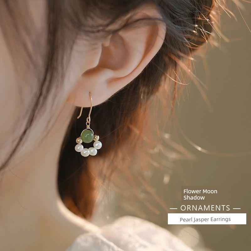 

[Flower Moon Shadow] S925 Sterling Silver Pearl Earrings 2025 Cheongsam Eardrops Special Interest Light Luxury Fancy Ear Studs Earrings Hetian Jade pearl earrings
