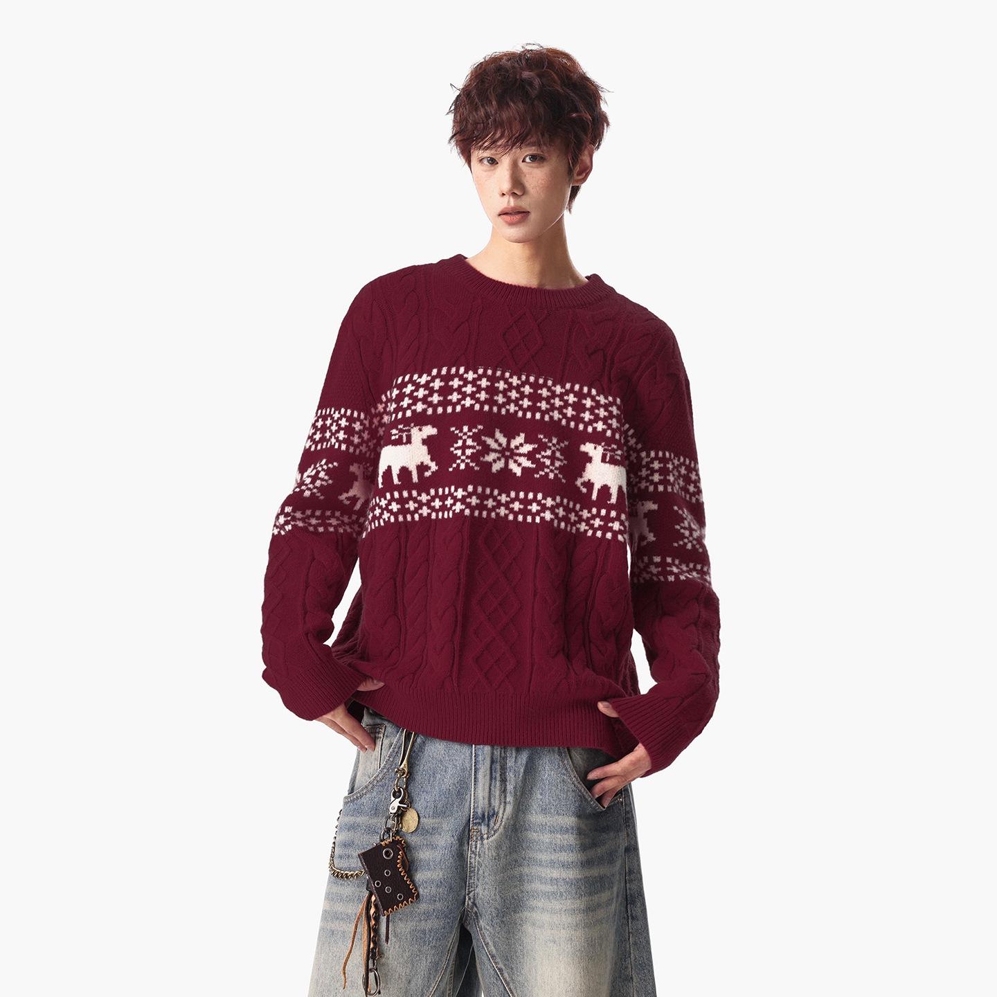 Men s Fair Isle Jacquard Reindeer Knit Christmas Sweater with High-End Feel L