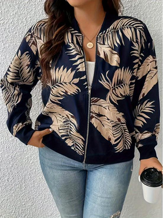 Elegant Floral Zippered Long Sleeve Baseball Collar Jacket - Plus Size for Autumn & Winter
