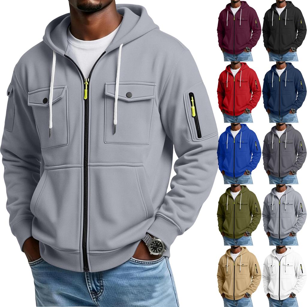 Men's Casual Multi-Pocket Zip Hoodie, Outdoor Cargo Jacket for Sports and Daily Wear