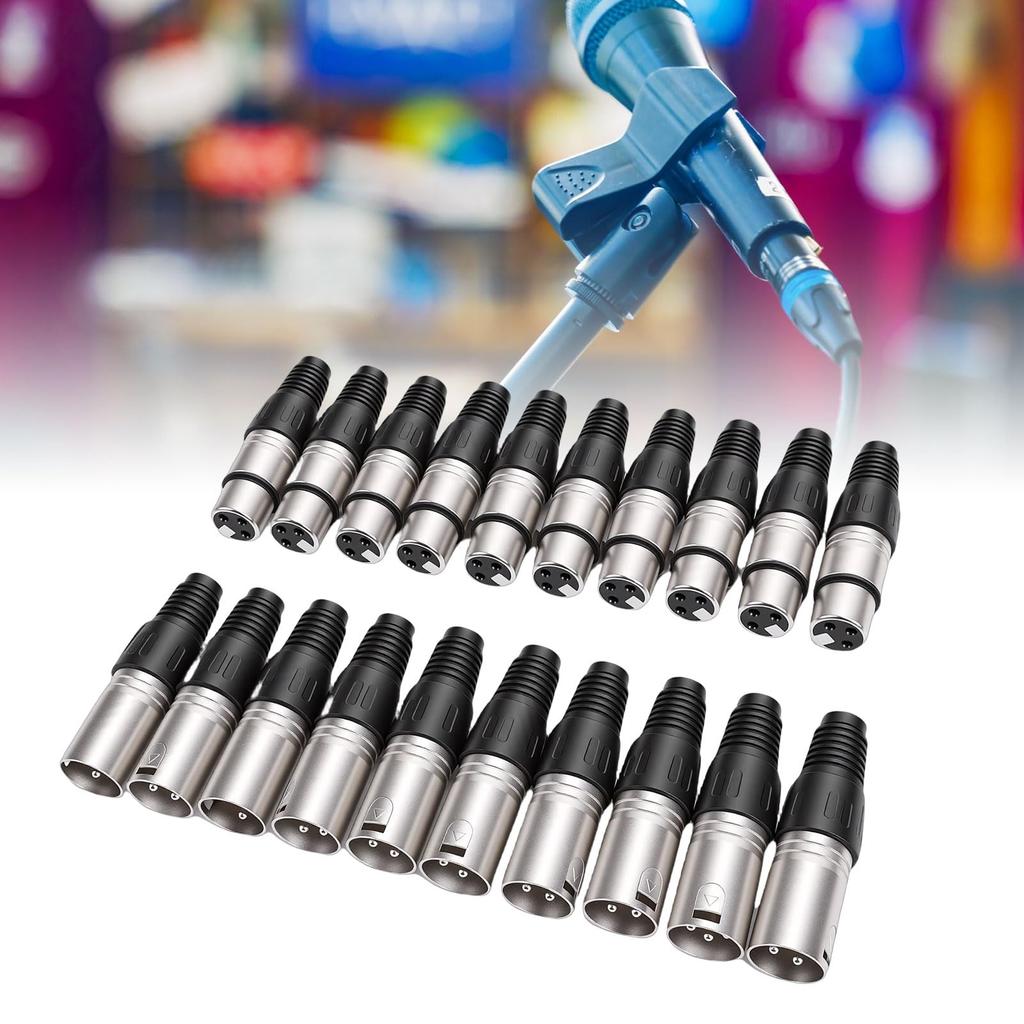 Akozon 20 Pieces 3-Pin XLR Solder Type Connectors Zinc Alloy Silver Microphone Sound Cable Plugs Ultra-Low Noise Suitable for Sound Setups