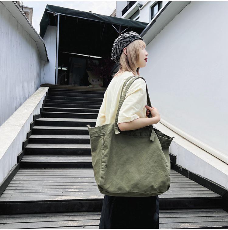 Japanese Minimalist Canvas Shoulder Bag: Large Capacity, Solid Color, Versatile for Shopping or School