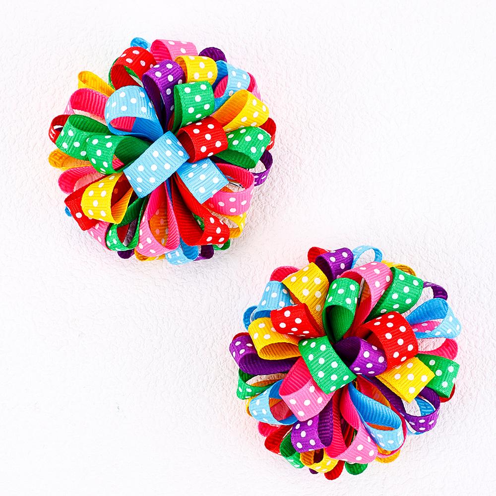 2Pcs Trendy Hydrangea Hair Clip Rainbow Color Dot Ribbon Barrettes Cute Double Ponytail Hairpin For Girl Accessories Headdress