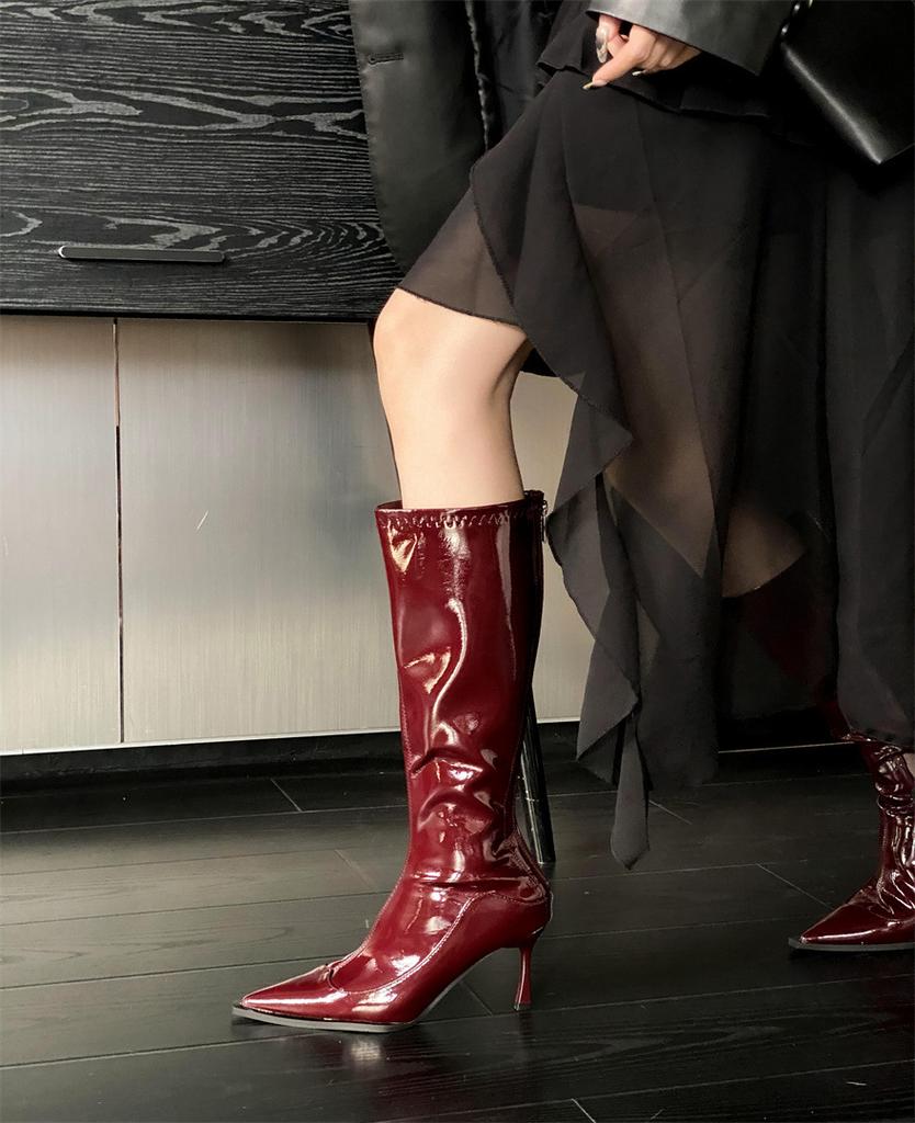 Patent leather solid color minimalist style knight boots women's 2025 autumn and winter new fashion design thin high heel fashion boots