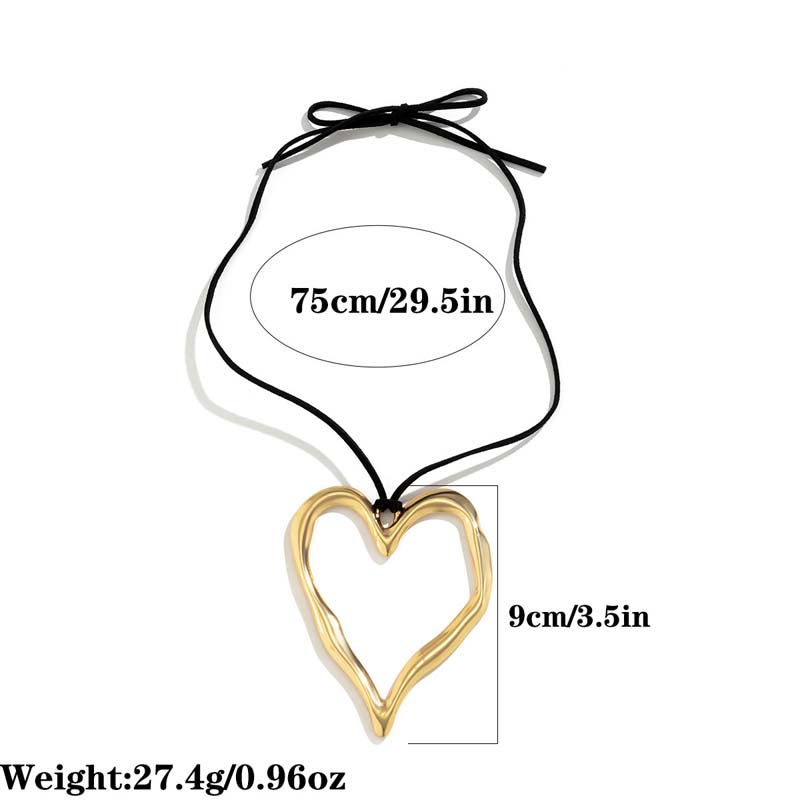 Exaggerated Big Hollow Love Heart Pendant Necklace for Women Gothic Black Rope Long Wax Thread Adjustable Choker Y2K Zircon